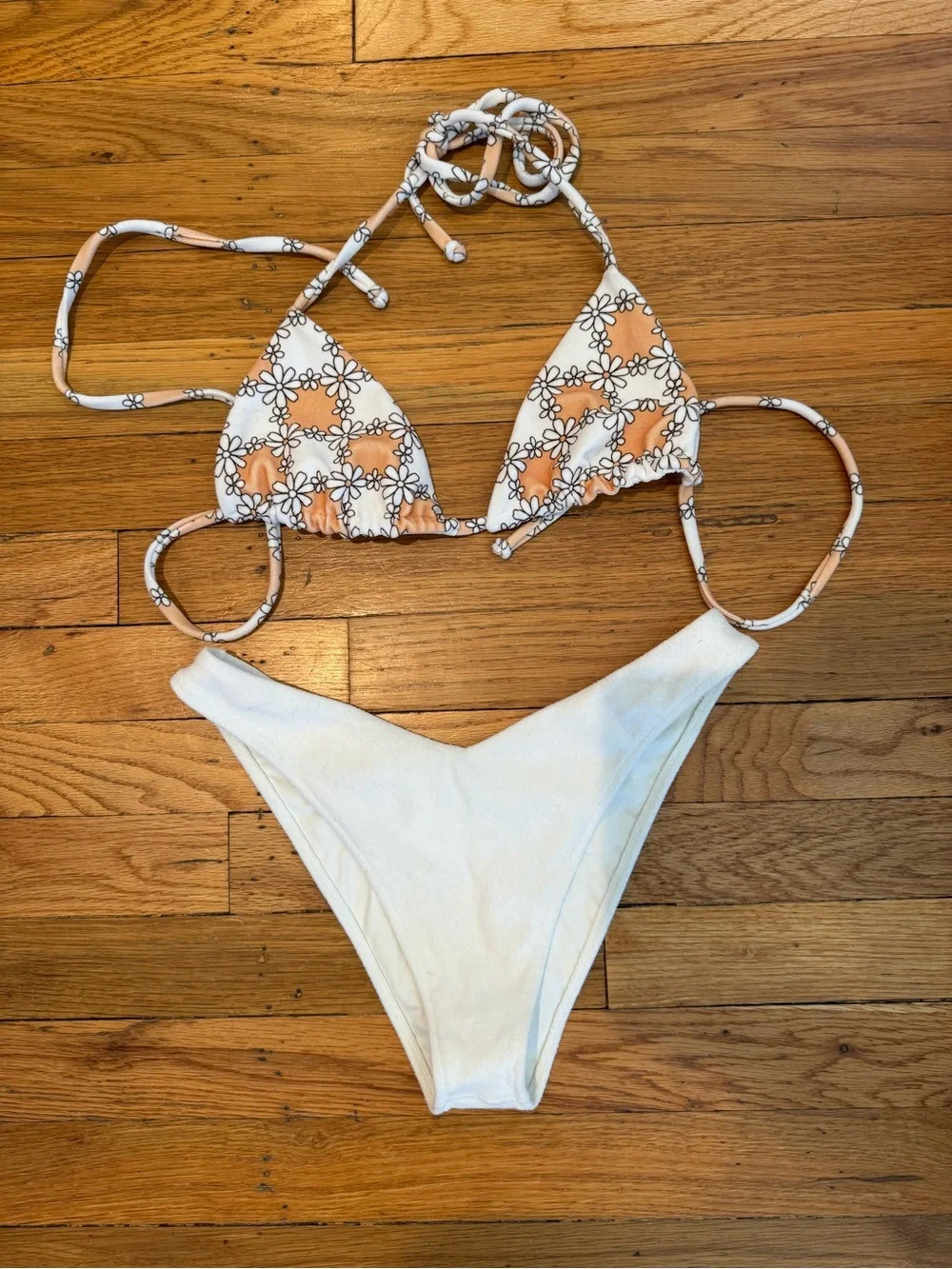 Frankie's Bikinis Peach and White Floral Triangle Top and terry bottoms